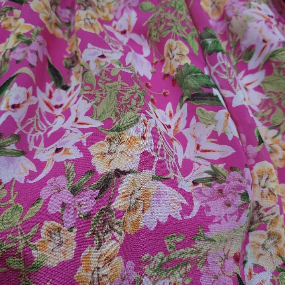 Fairycore Taylor Pink Floral 3/4 Sleeve V-Neck Button Ruffle Smocked Mini Dress - Picture 3 of 13